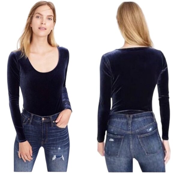 J. CREW JEANS Navy Blue Velvet Scoop Neck Fitted Long Sleeve Bodysuit Medium - Picture 1 of 7